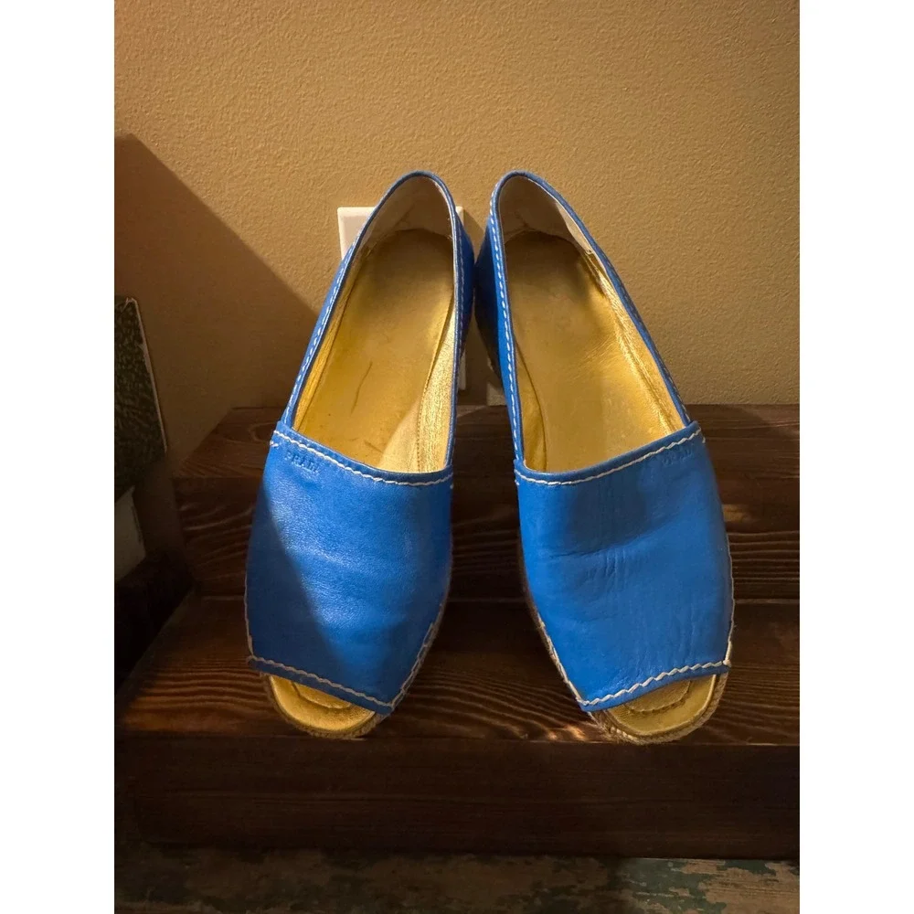 Vintage Prada Blue Leather Espadrille Platform Peep Toe Sandals, size 38